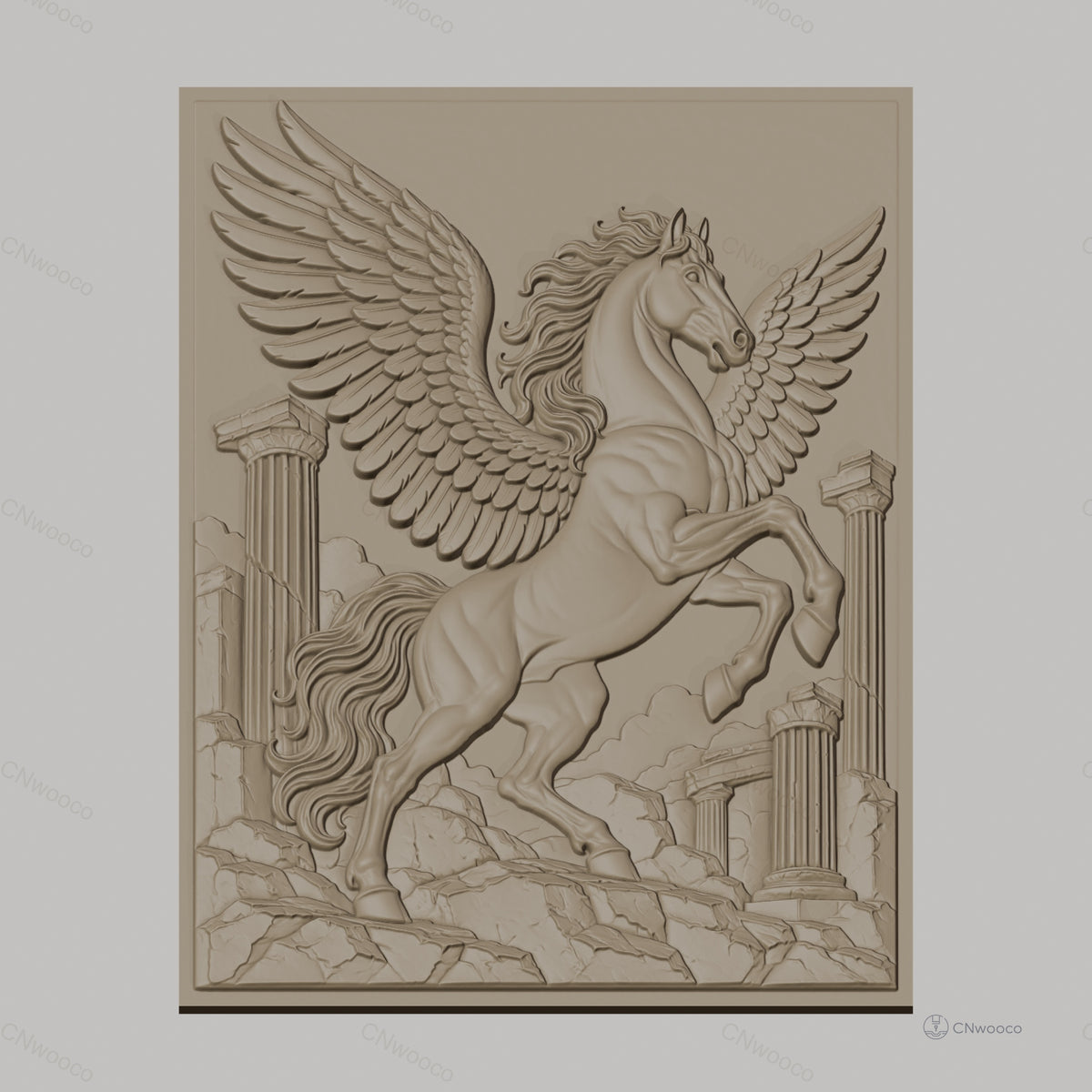 Fichier CNC & impression 3D Pégase légendaire avec colonnes grecques ruines, haute qualité relief STL