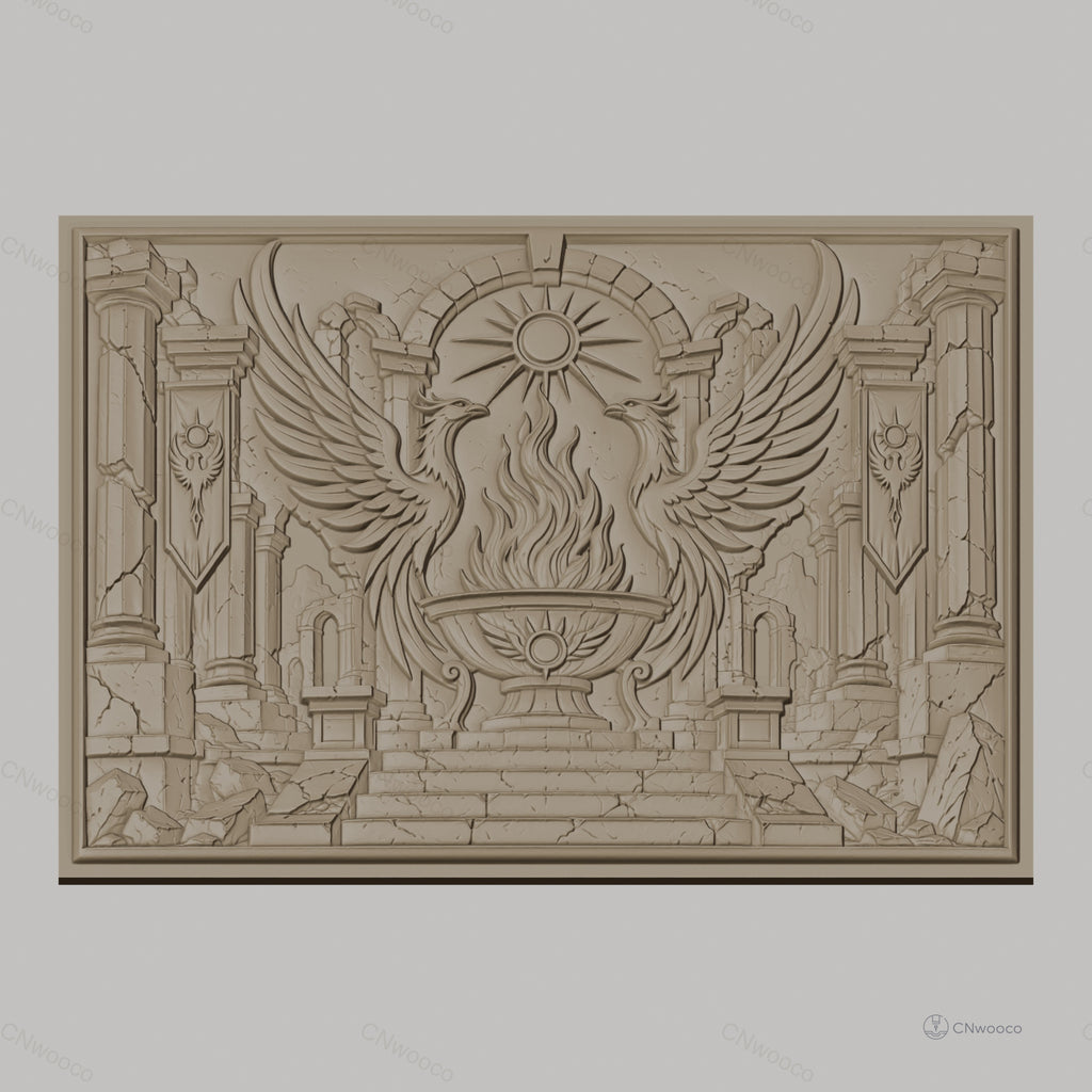 Fichier CNC & impression 3D phénix, flamme sacrée et ruines antiques haute qualité relief STL