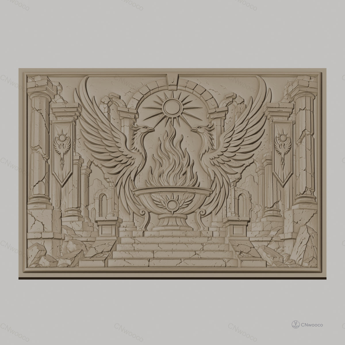 Fichier CNC & impression 3D phénix, flamme sacrée et ruines antiques haute qualité relief STL