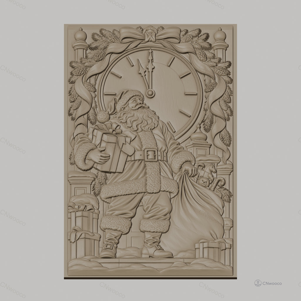 Fichier CNC & impression 3D Père Noël avec horloge et cadeaux, haute qualité relief STL