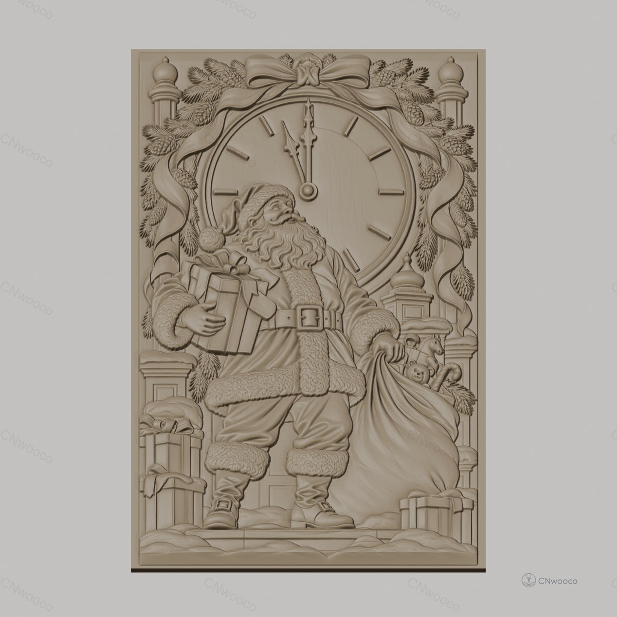 Fichier CNC & impression 3D Père Noël avec horloge et cadeaux, haute qualité relief STL