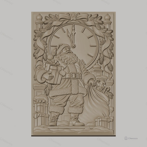 Fichier CNC & impression 3D Père Noël avec horloge et cadeaux, haute qualité relief STL