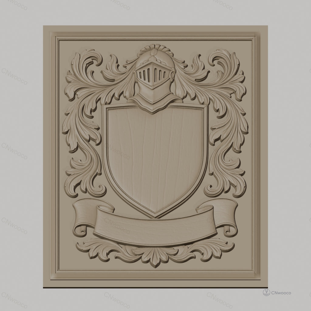 Fichier CNC & impression 3D blason médiéval, casque et ornements floraux, haute qualité relief STL