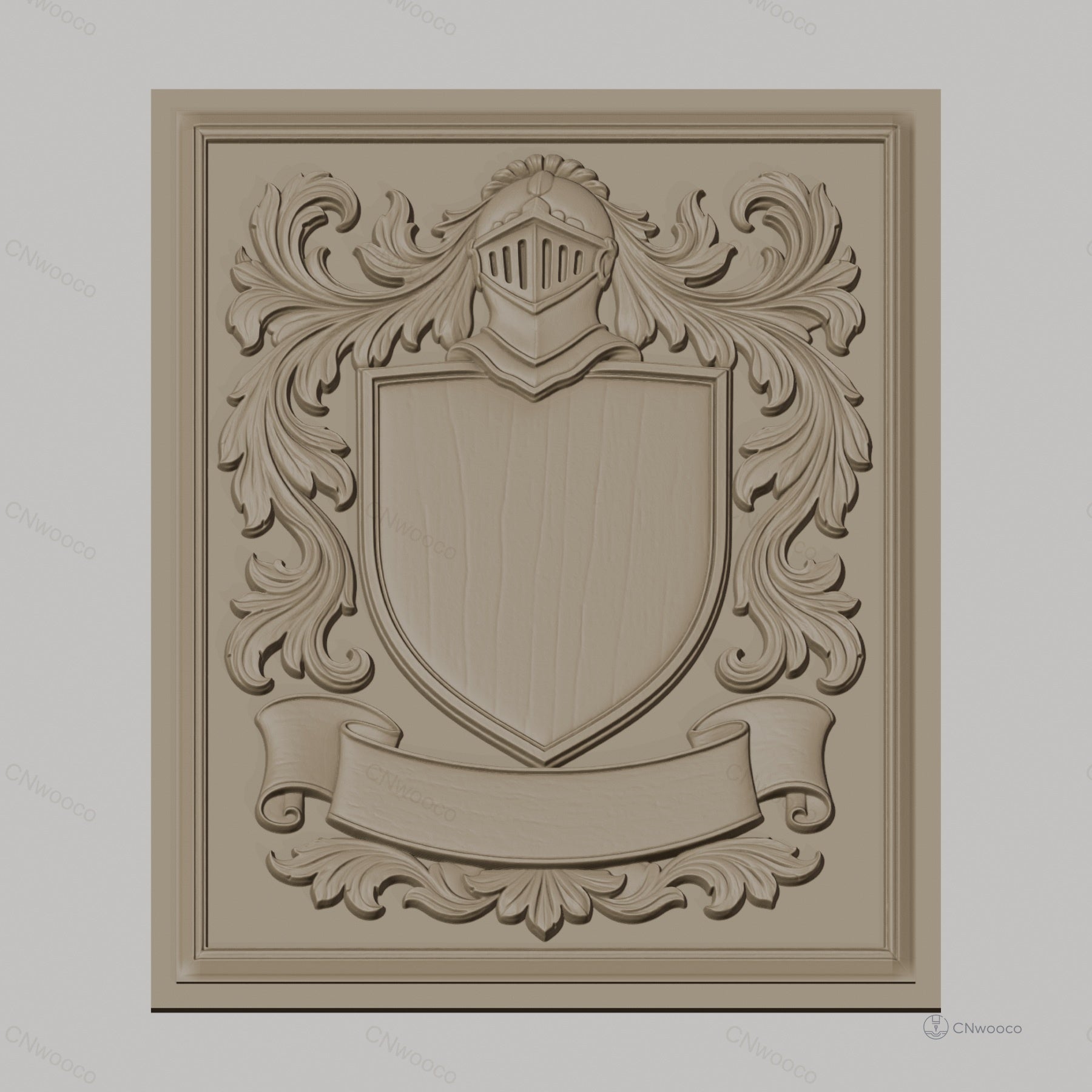 Fichier CNC & impression 3D blason médiéval, casque et ornements floraux, haute qualité relief STL