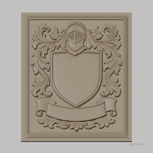 Fichier CNC & impression 3D blason médiéval, casque et ornements floraux, haute qualité relief STL