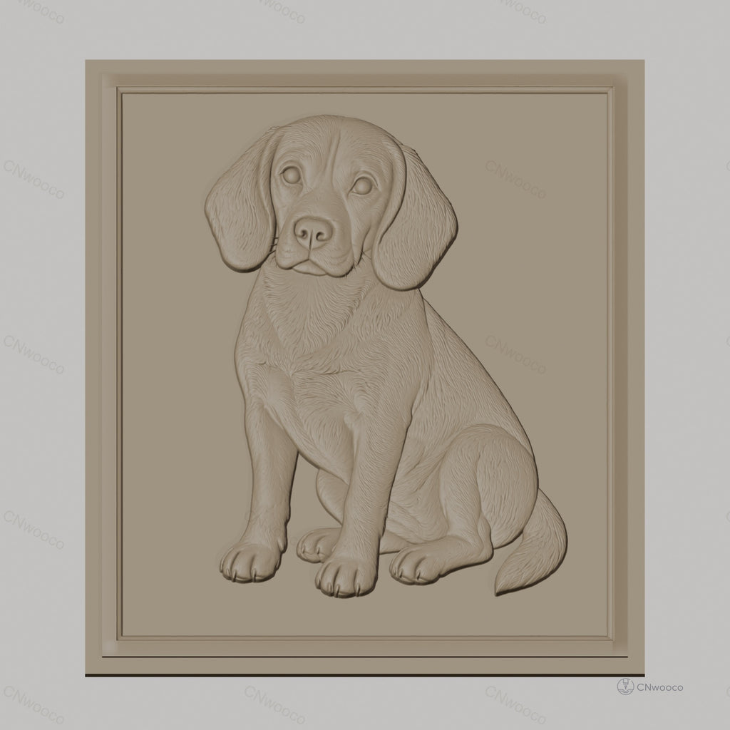 Fichier CNC & impression 3D chien Beagle assis, détail pelage et contours réalistes, haute qualité relief STL