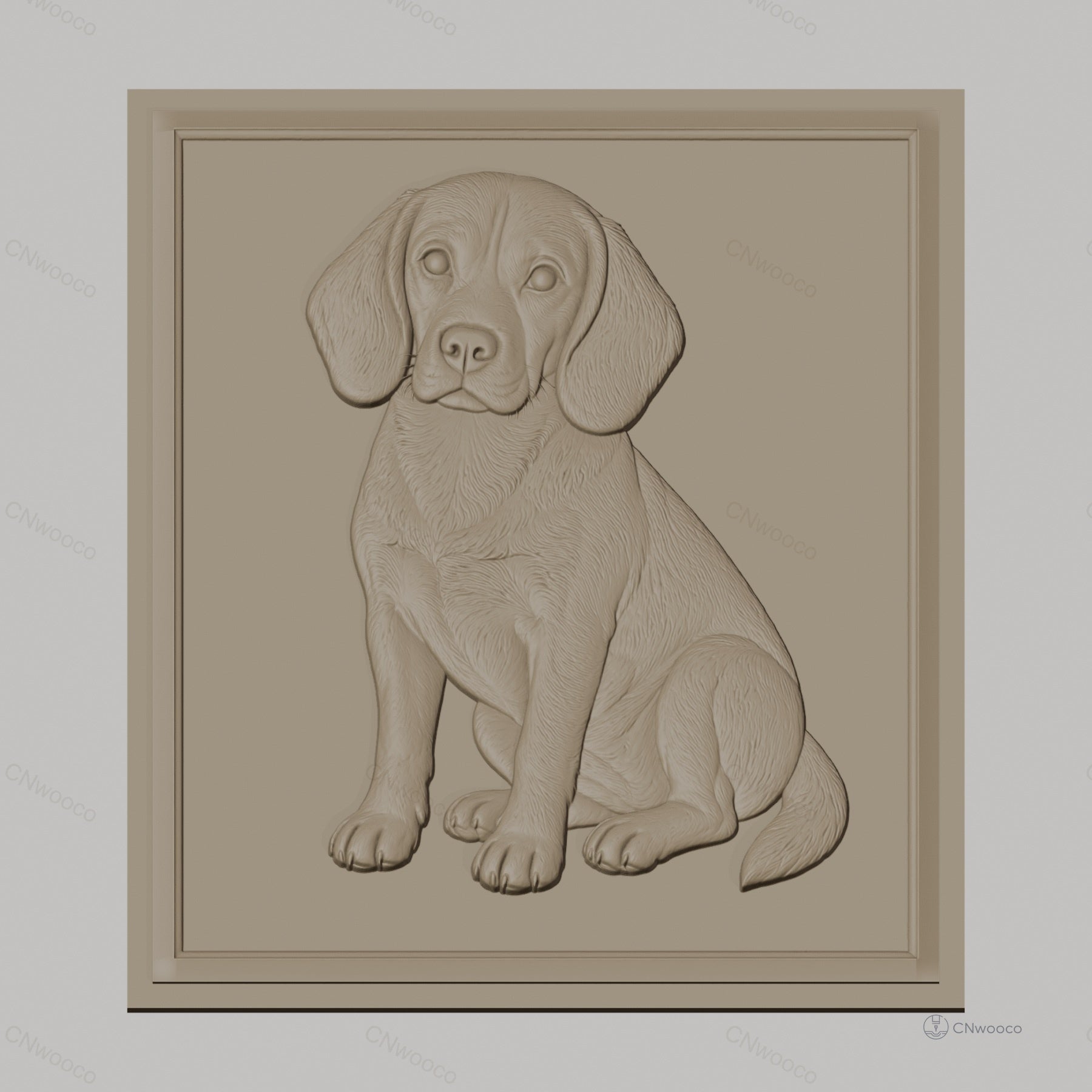 Fichier CNC & impression 3D chien Beagle assis, détail pelage et contours réalistes, haute qualité relief STL