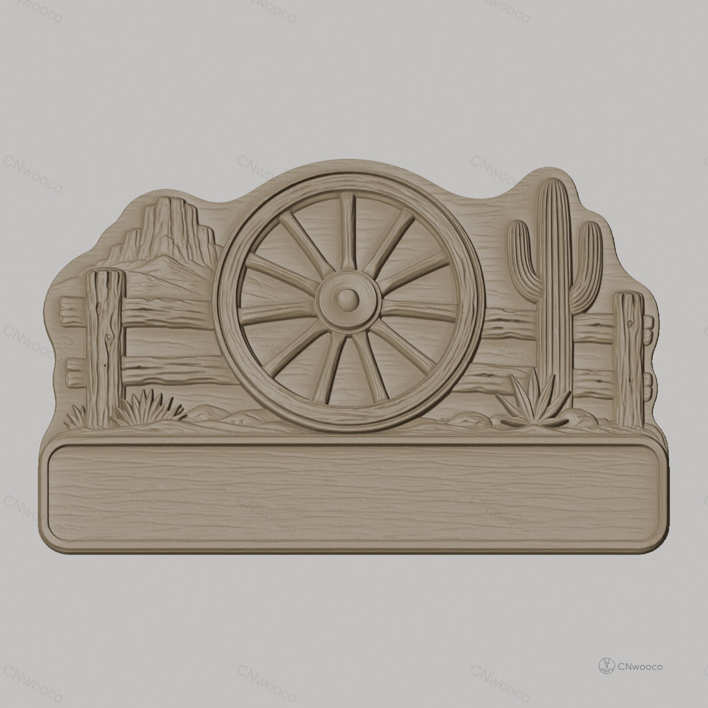 Fichier CNC & impression 3D enseigne western décorative roue de chariot cactus, STL très haute qualité