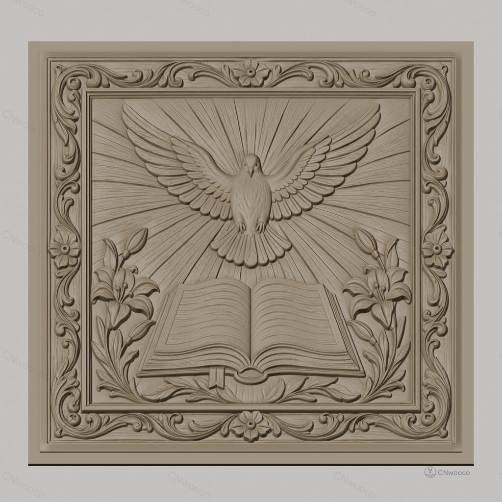 Fichier CNC & impression 3D colombe sacrée, livre ouvert fleurs et cadre ornemental, haute qualité relief STL