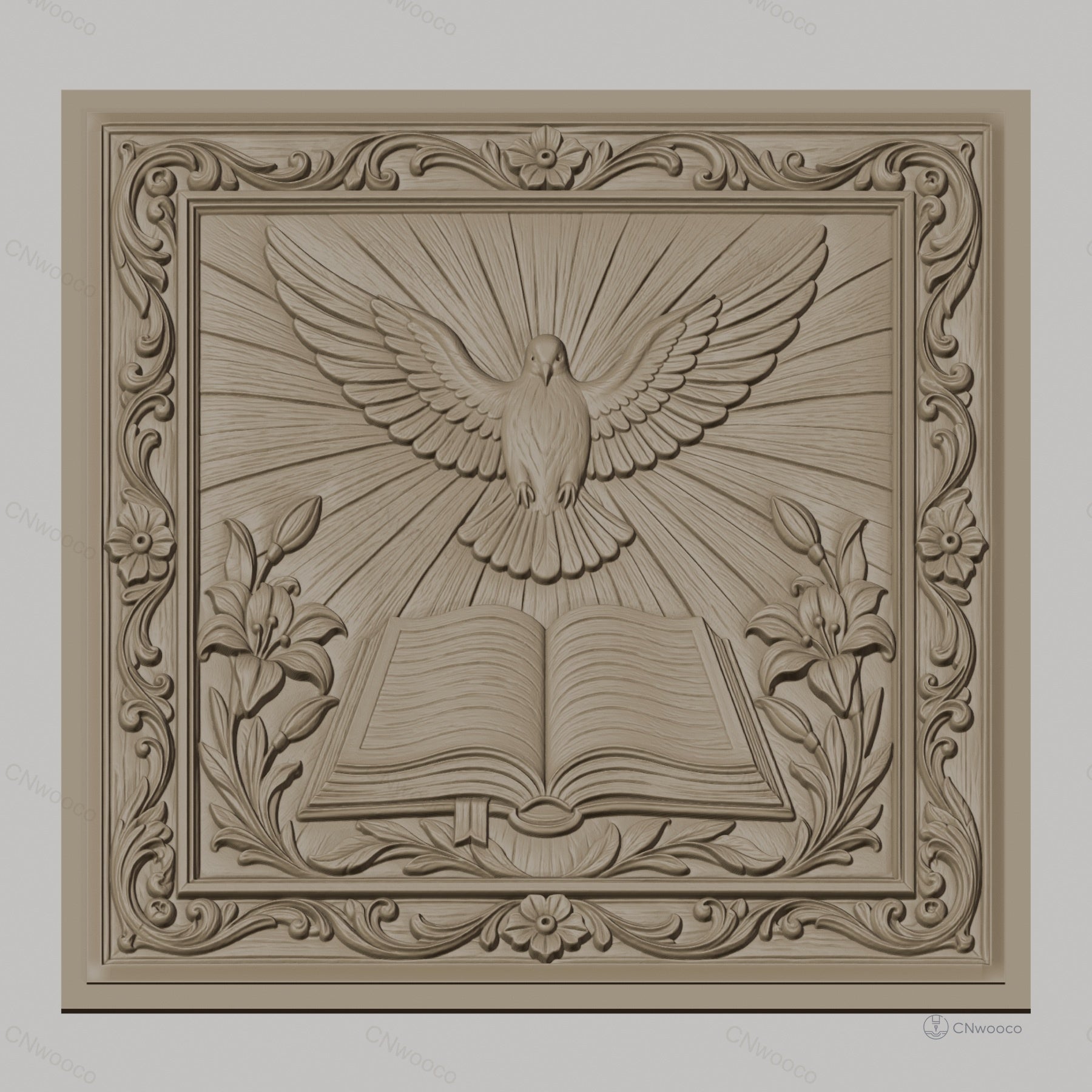 Fichier CNC & impression 3D colombe sacrée, livre ouvert fleurs et cadre ornemental, haute qualité relief STL