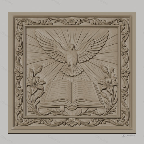 Fichier CNC & impression 3D colombe sacrée, livre ouvert fleurs et cadre ornemental, haute qualité relief STL