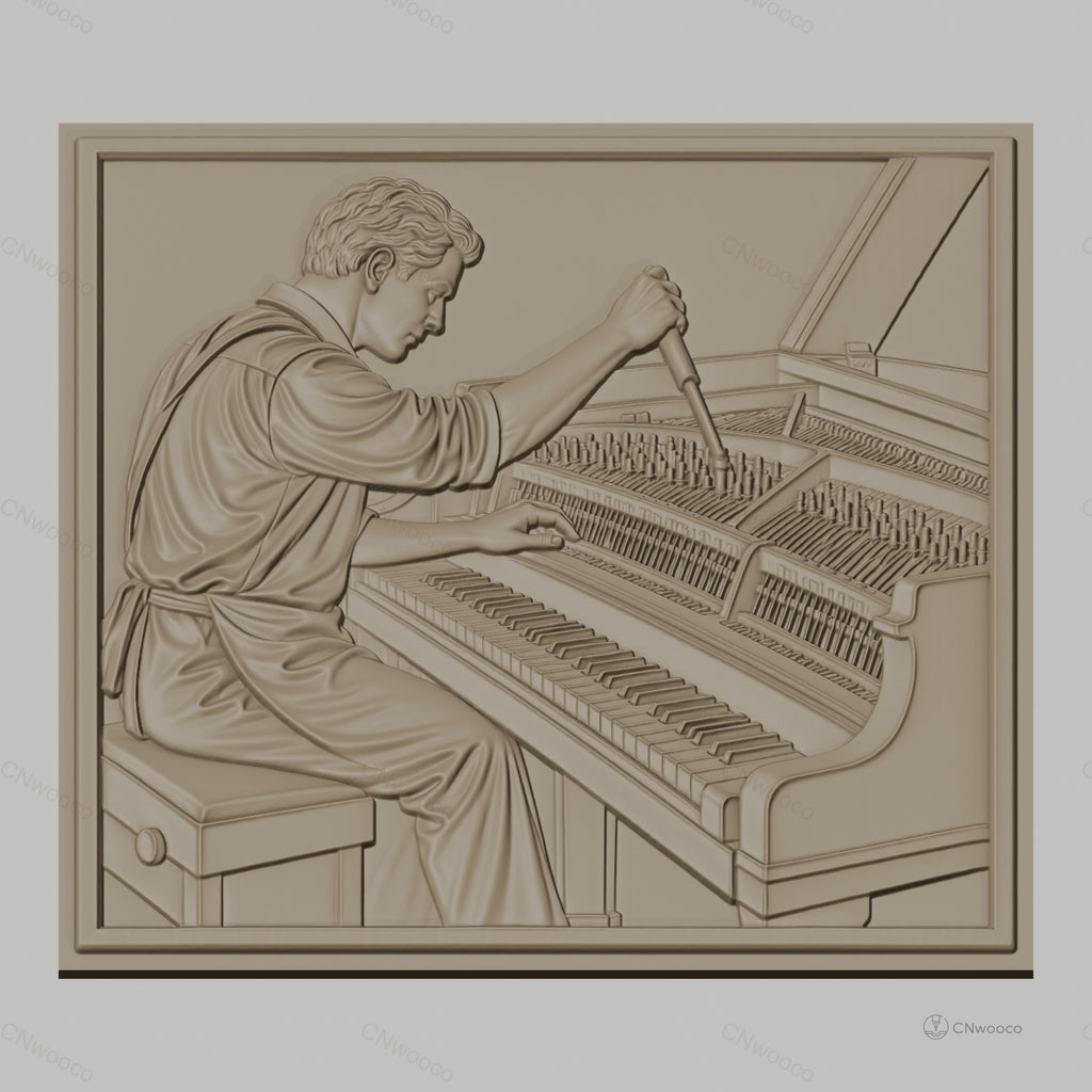 Fichier CNC & impression 3D accordeur de piano, homme accordant piano à queue, haute qualité relief STL