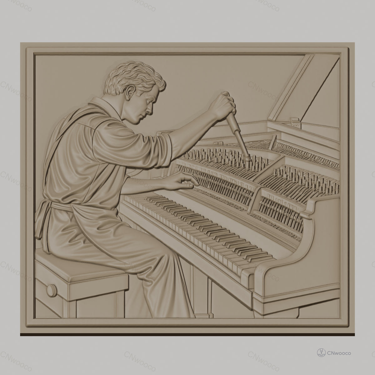 Fichier CNC & impression 3D accordeur de piano, homme accordant piano à queue, haute qualité relief STL