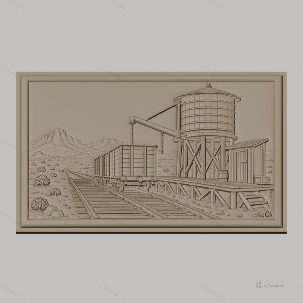 Fichier CNC & impression 3D scène ferroviaire avec wagon et réservoir d'eau, haute qualité relief STL