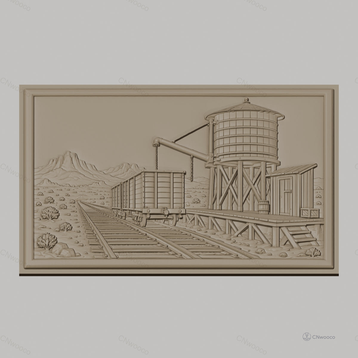 Fichier CNC & impression 3D scène ferroviaire avec wagon et réservoir d'eau, haute qualité relief STL