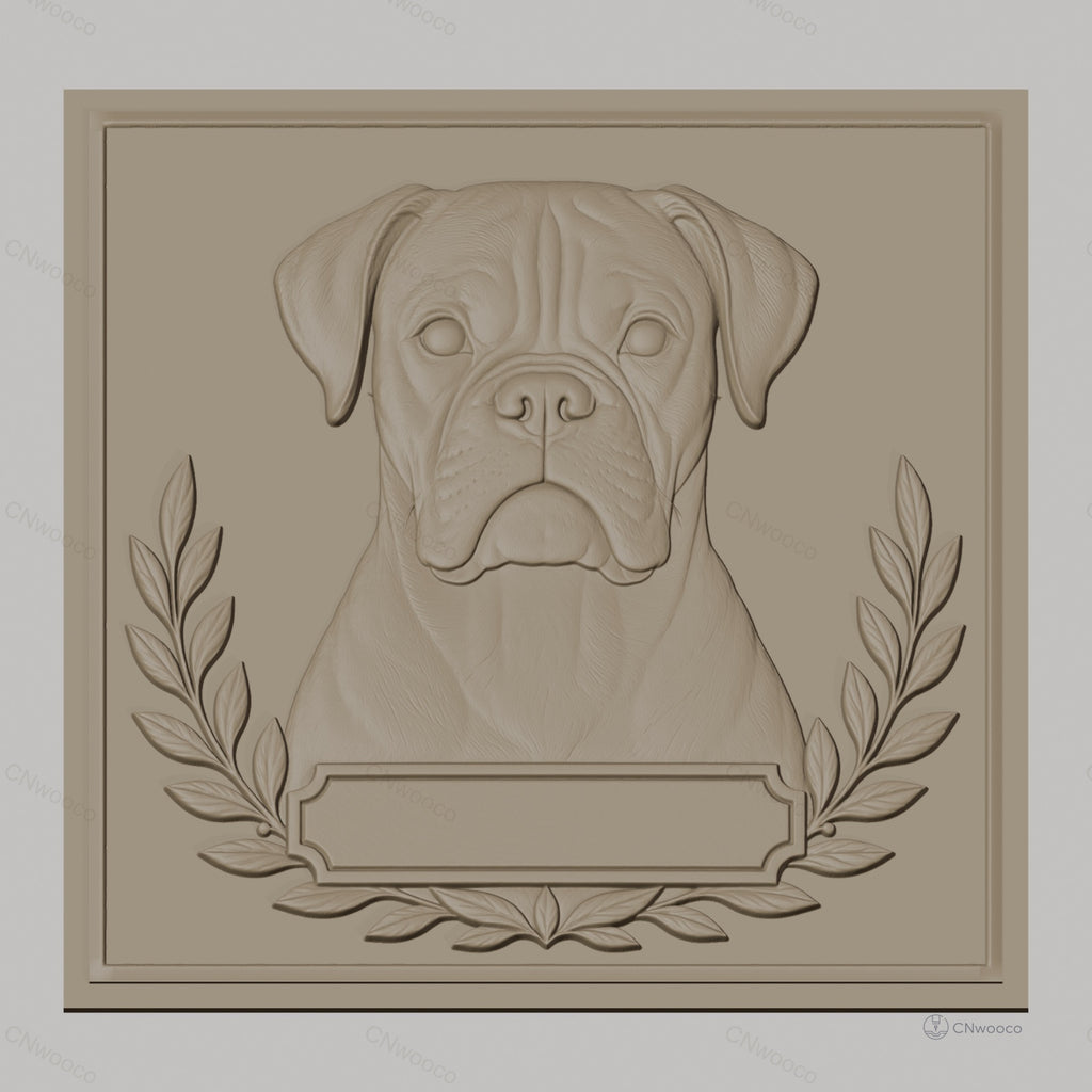 Fichier CNC & impression 3D chien boxer portrait cadre feuilles décoration haute qualité relief STL