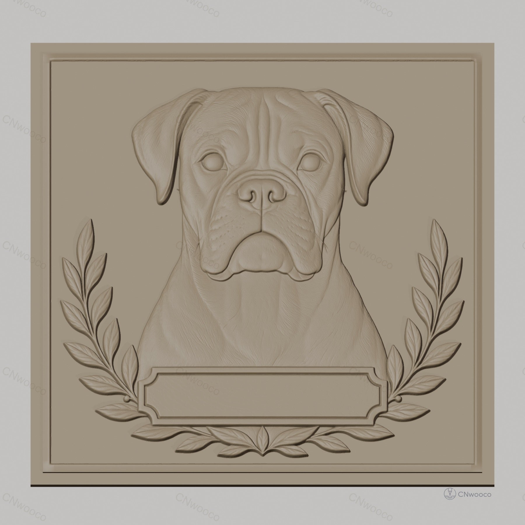Fichier CNC & impression 3D chien boxer portrait cadre feuilles décoration haute qualité relief STL
