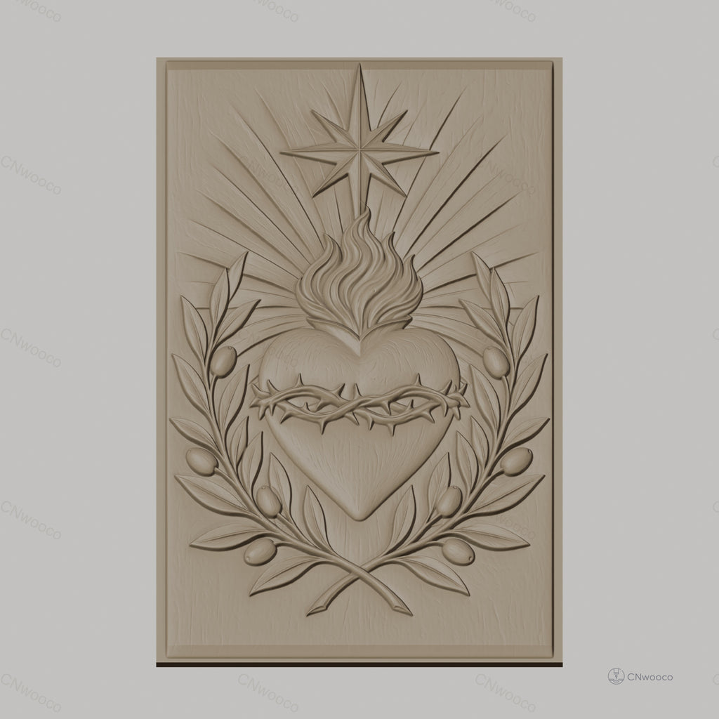 Fichier CNC & impression 3D Sacré-Cœur, couronne d'épines, flamme et feuilles d'olivier, haute qualité relief STL