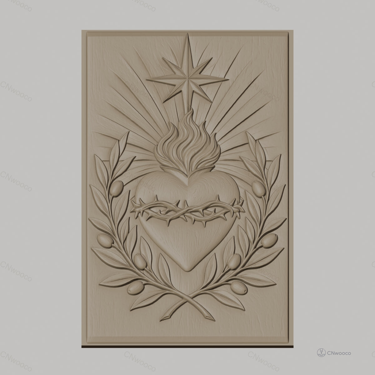 Fichier CNC & impression 3D Sacré-Cœur, couronne d'épines, flamme et feuilles d'olivier, haute qualité relief STL