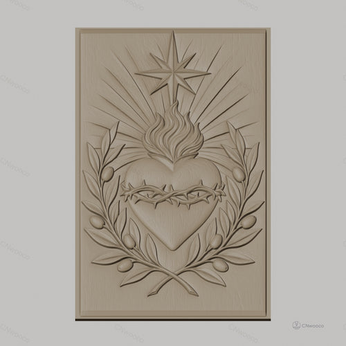 Fichier CNC & impression 3D Sacré-Cœur, couronne d'épines, flamme et feuilles d'olivier, haute qualité relief STL