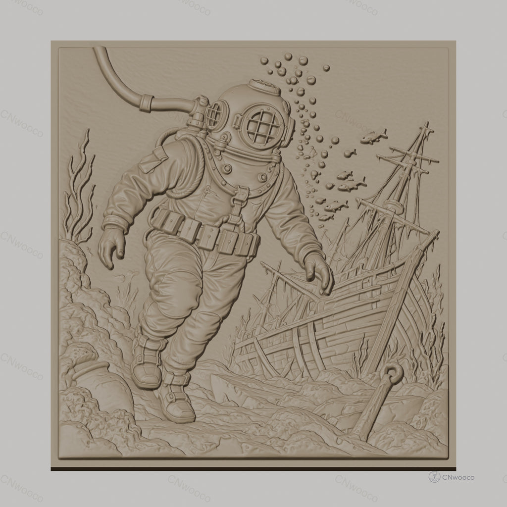 Fichier CNC & impression 3D plongeur en scaphandre, épave de bateau et poissons, haute qualité relief STL
