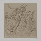 Fichier CNC & impression 3D plongeur en scaphandre, épave de bateau et poissons, haute qualité relief STL