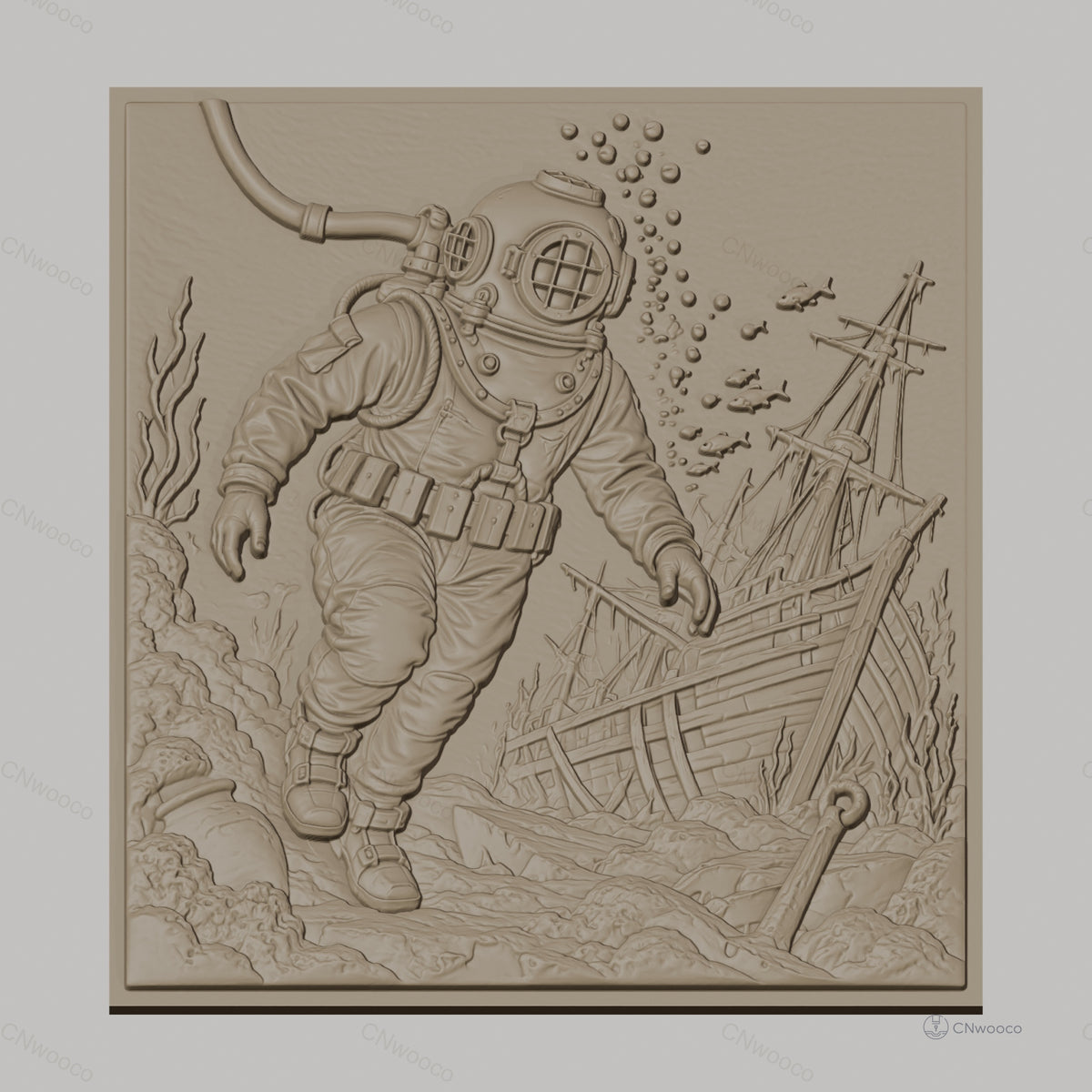 Fichier CNC & impression 3D plongeur en scaphandre, épave de bateau et poissons, haute qualité relief STL