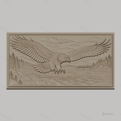 Fichier CNC & impression 3D aigle en vol, rivière, forêt, montagne, maison, pont, haute qualité relief STL