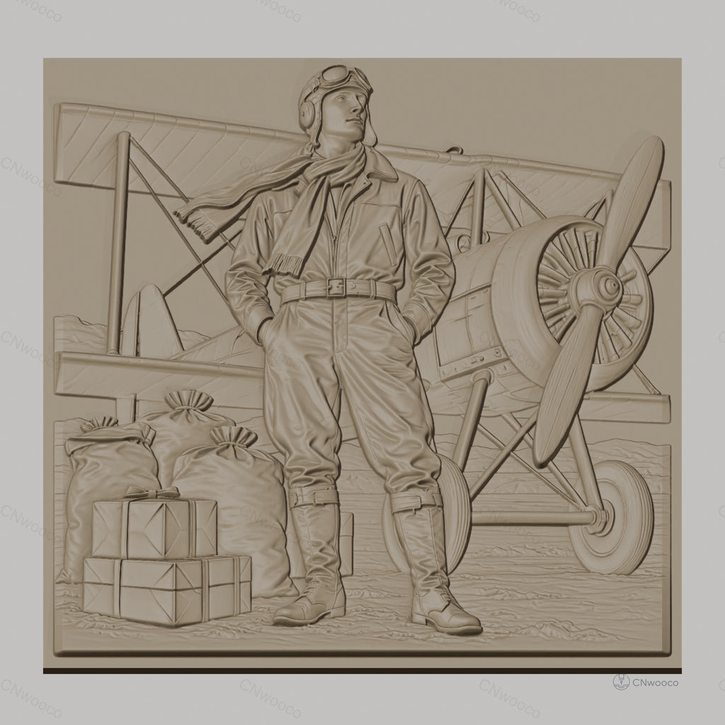 Fichier CNC & impression 3D pilote d'avion ancien, avion biplan, sacs et caisses, haute qualité relief STL