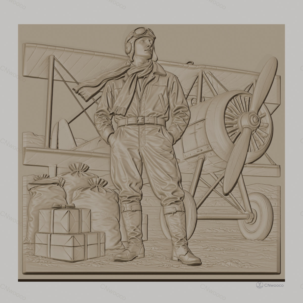 Fichier CNC & impression 3D pilote d'avion ancien, avion biplan, sacs et caisses, haute qualité relief STL
