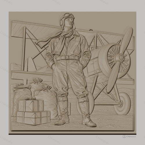 Fichier CNC & impression 3D pilote d'avion ancien, avion biplan, sacs et caisses, haute qualité relief STL