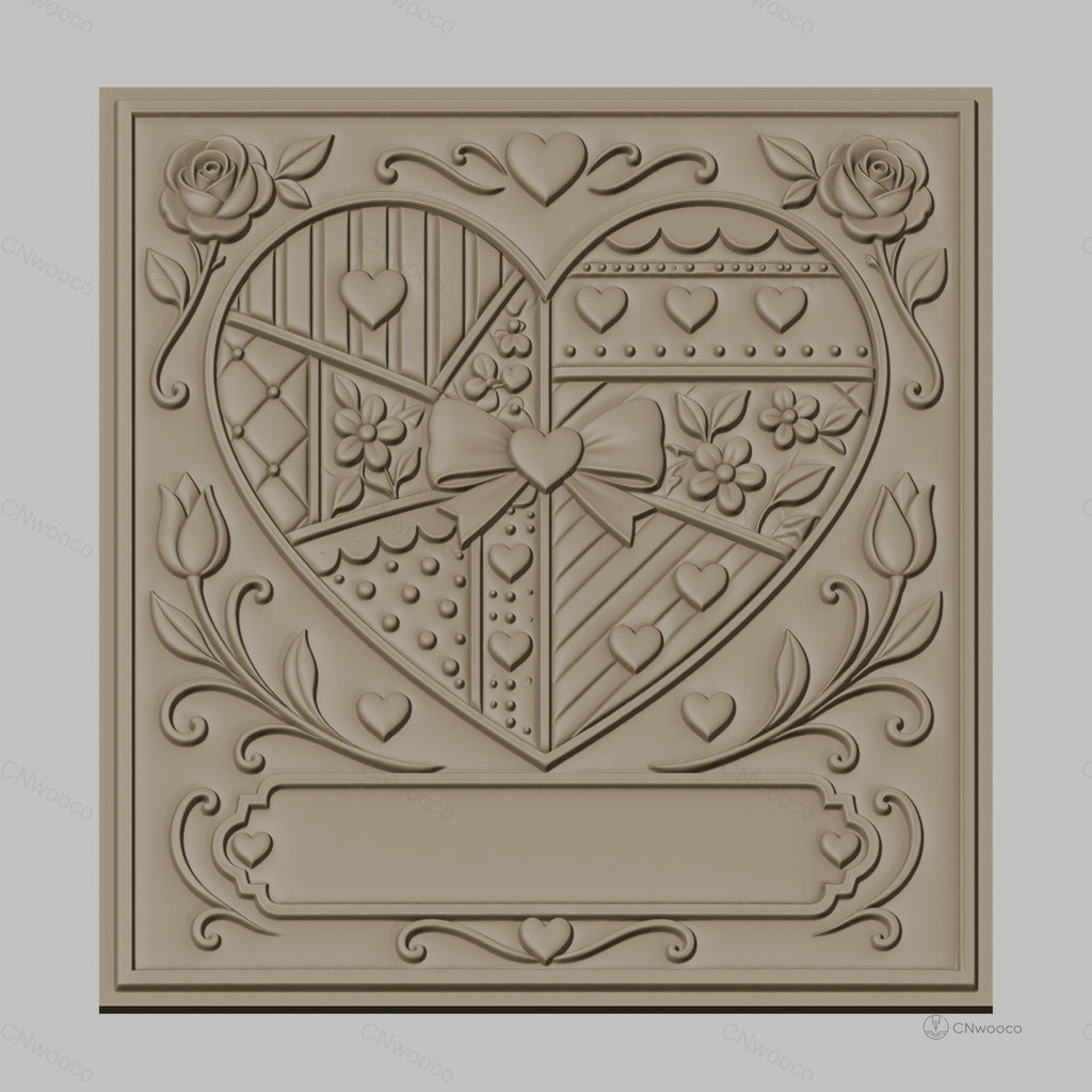Fichier CNC & impression 3D cœur patchwork avec roses et nœud, haute qualité relief STL