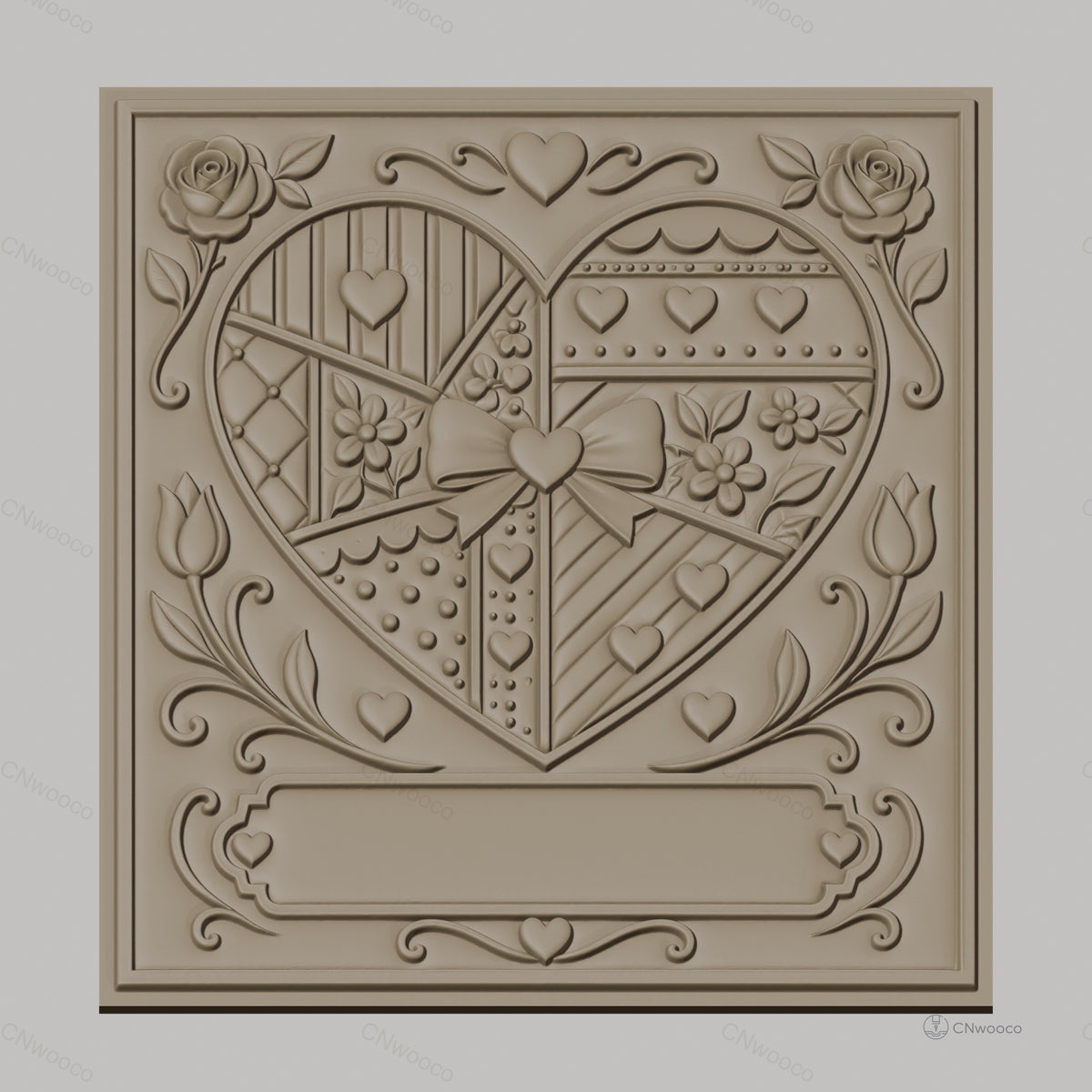 Fichier CNC & impression 3D cœur patchwork avec roses et nœud, haute qualité relief STL