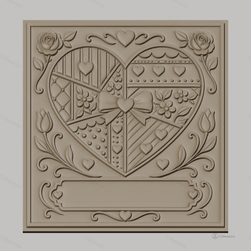 Fichier CNC & impression 3D cœur patchwork avec roses et nœud, haute qualité relief STL