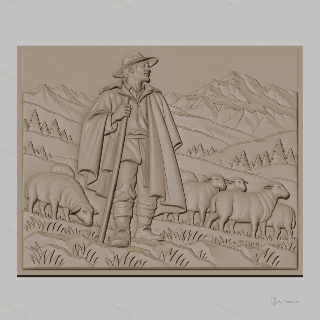 Fichier CNC & impression 3D berger avec troupeau de moutons en montagne, haute qualité relief STL