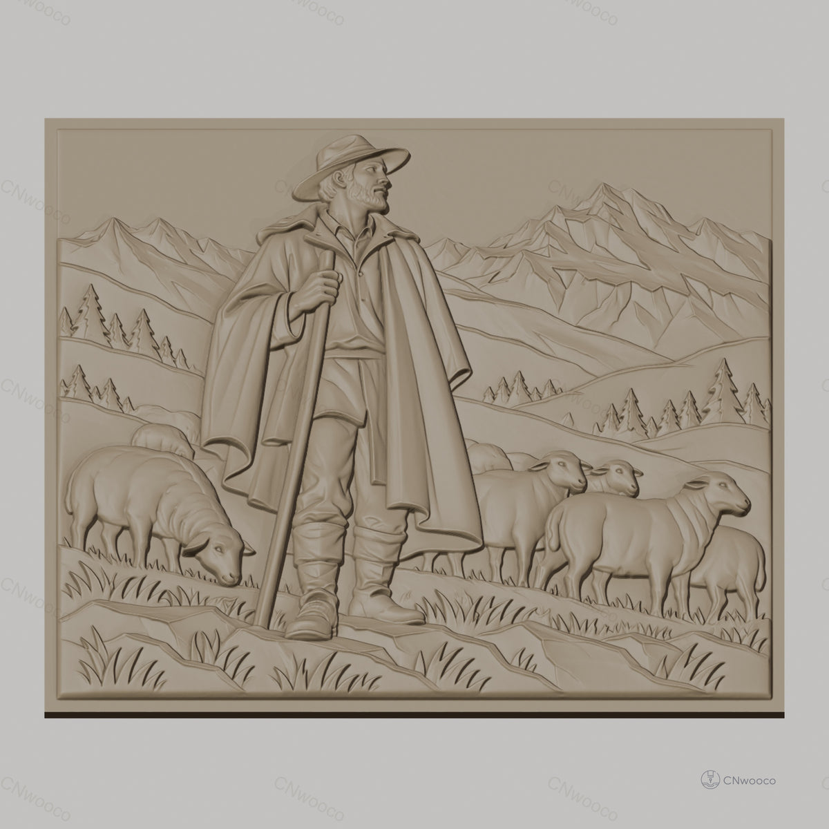 Fichier CNC & impression 3D berger avec troupeau de moutons en montagne, haute qualité relief STL