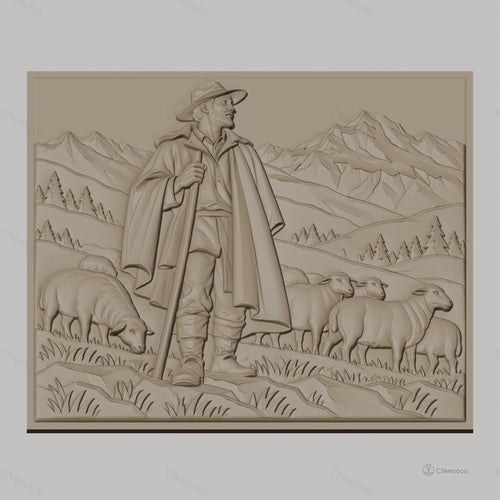Fichier CNC & impression 3D berger avec troupeau de moutons en montagne, haute qualité relief STL