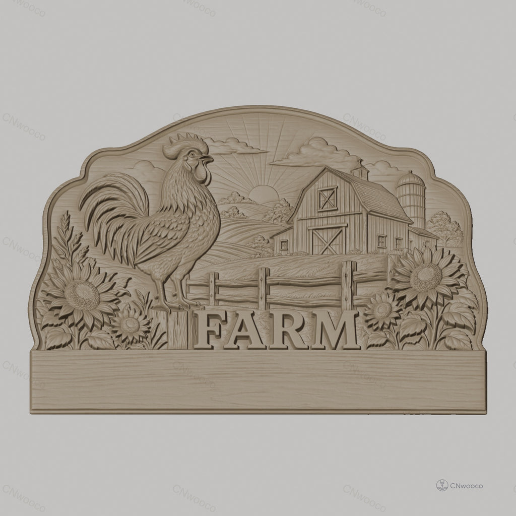 Fichier CNC porte-clés mural enseigne de ferme décorative avec coq et fleurs, STL très haute qualité