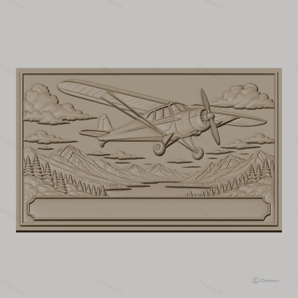 Fichier CNC & impression 3D avion vintage, paysage montagne forêt et rivière, haute qualité relief STL