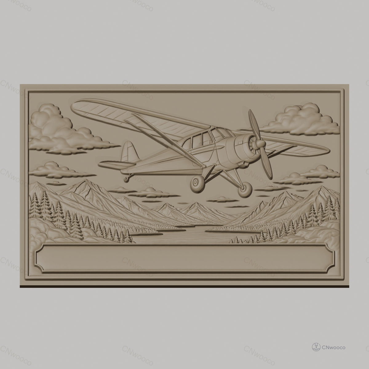 Fichier CNC & impression 3D avion vintage, paysage montagne forêt et rivière, haute qualité relief STL