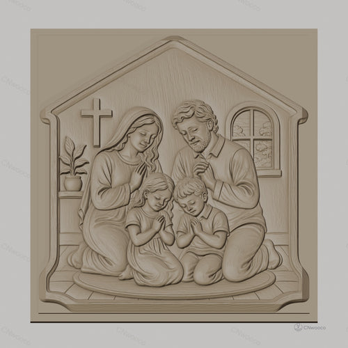 Fichier CNC & impression 3D famille en prière chrétienne, scène religieuse avec croix et enfants, haute qualité relief STL