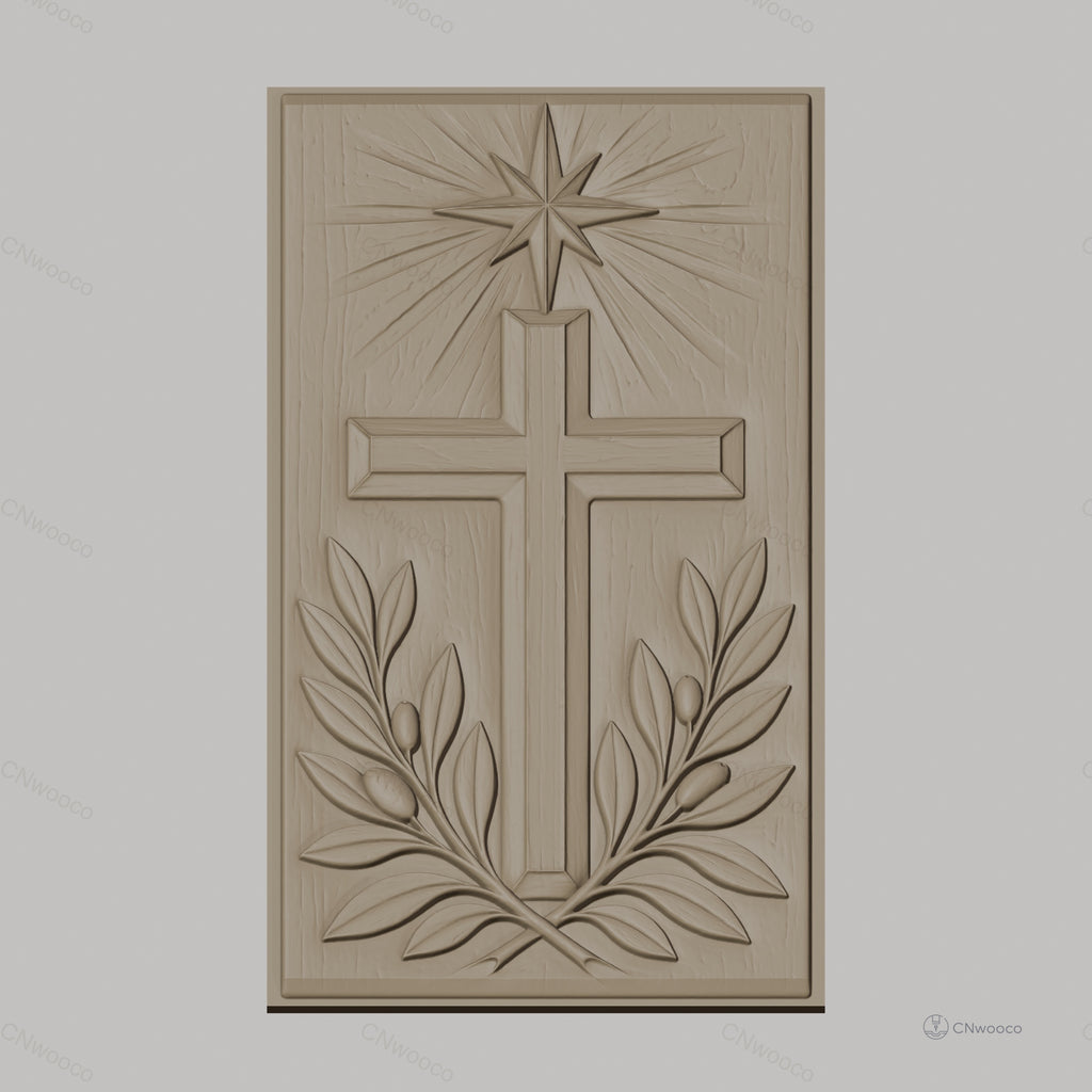 Fichier CNC & impression 3D Croix chrétienne, étoile et branches d'olivier, haute qualité relief STL
