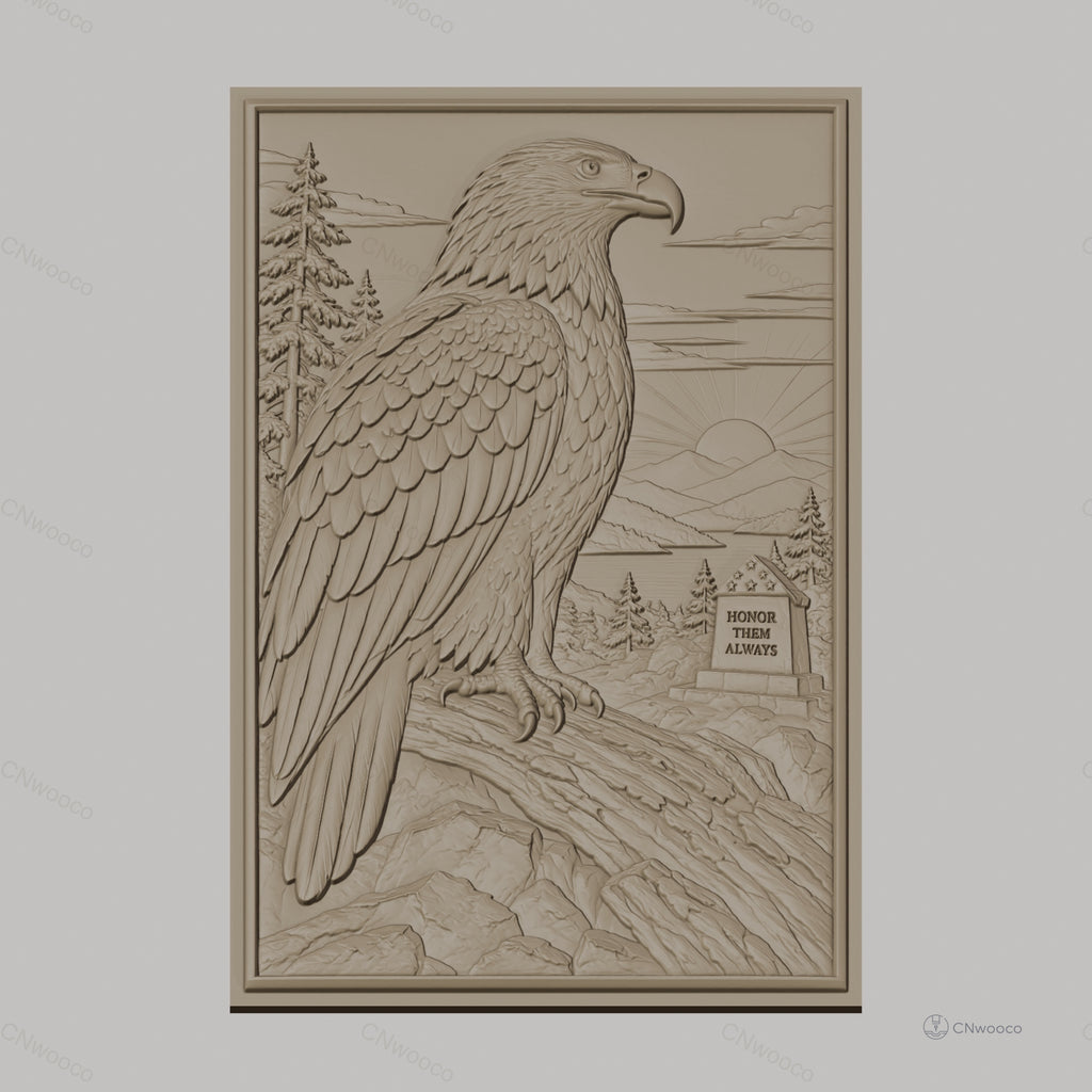 Fichier CNC & impression 3D aigle américain, paysage naturel, mémorial et soleil levant, haute qualité relief STL