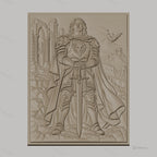 Fichier CNC & impression 3D chevalier en armure avec épée, château et dragon, haute qualité relief STL