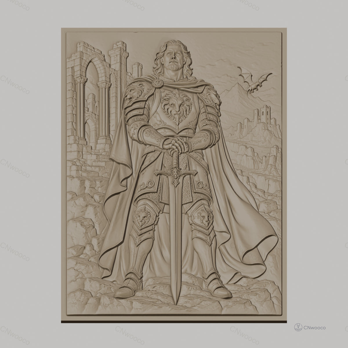 Fichier CNC & impression 3D chevalier en armure avec épée, château et dragon, haute qualité relief STL