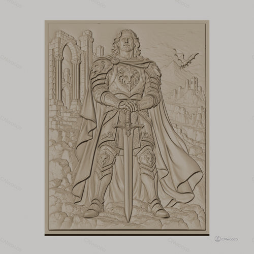 Fichier CNC & impression 3D chevalier en armure avec épée, château et dragon, haute qualité relief STL