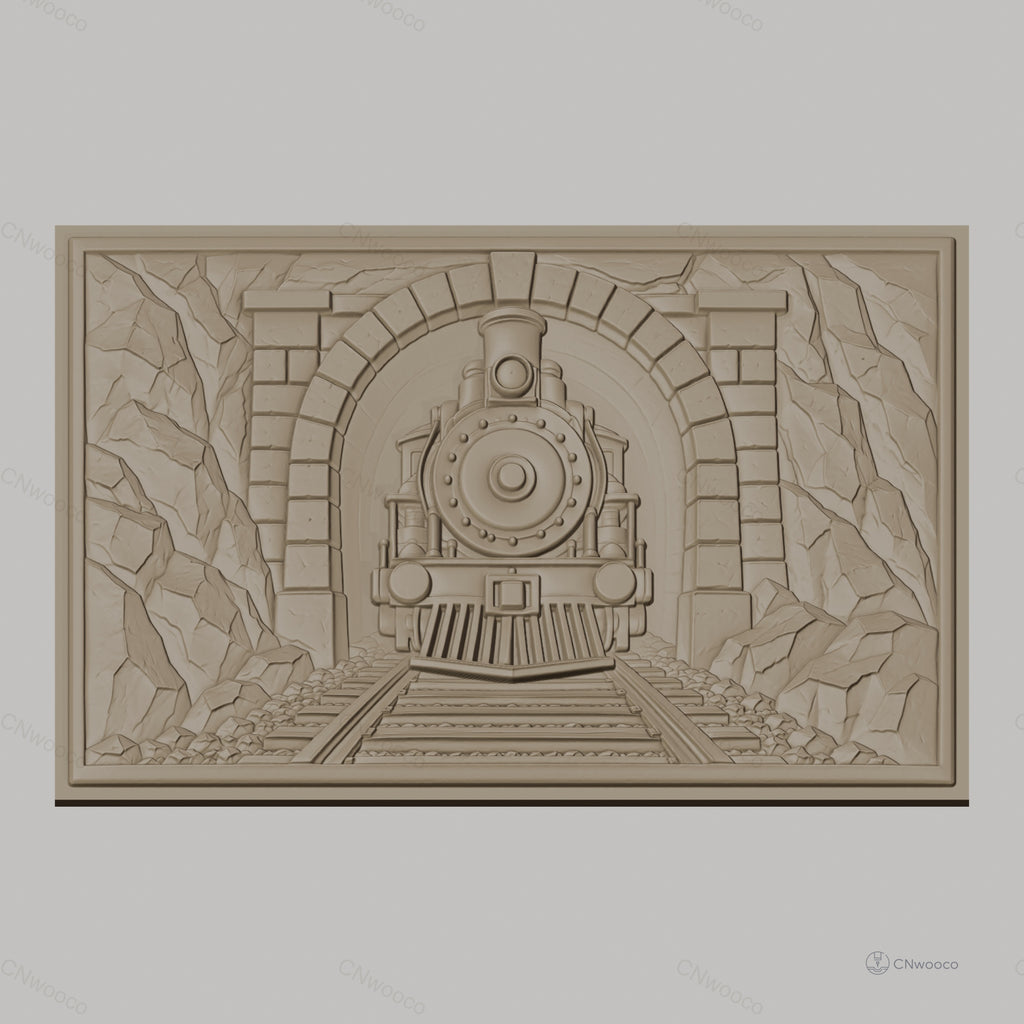 Fichier CNC & impression 3D train à vapeur sortie tunnel, rochers et voies ferrées, haute qualité relief STL