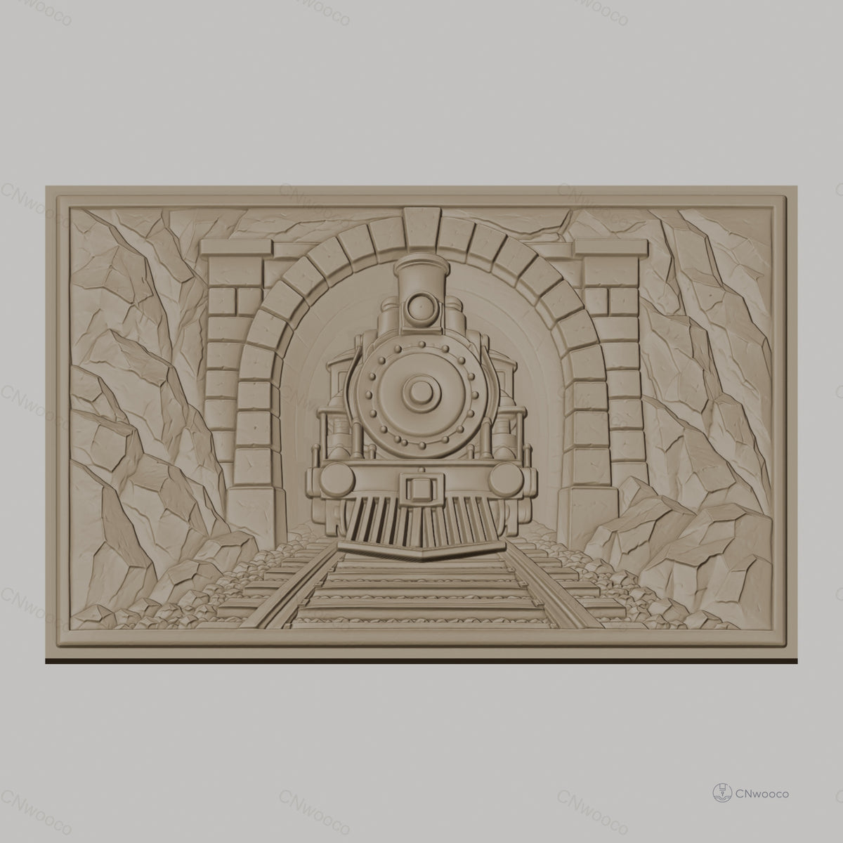 Fichier CNC & impression 3D train à vapeur sortie tunnel, rochers et voies ferrées, haute qualité relief STL