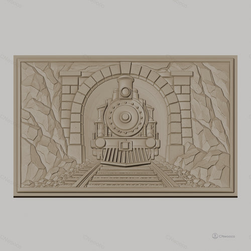 Fichier CNC & impression 3D train à vapeur sortie tunnel, rochers et voies ferrées, haute qualité relief STL