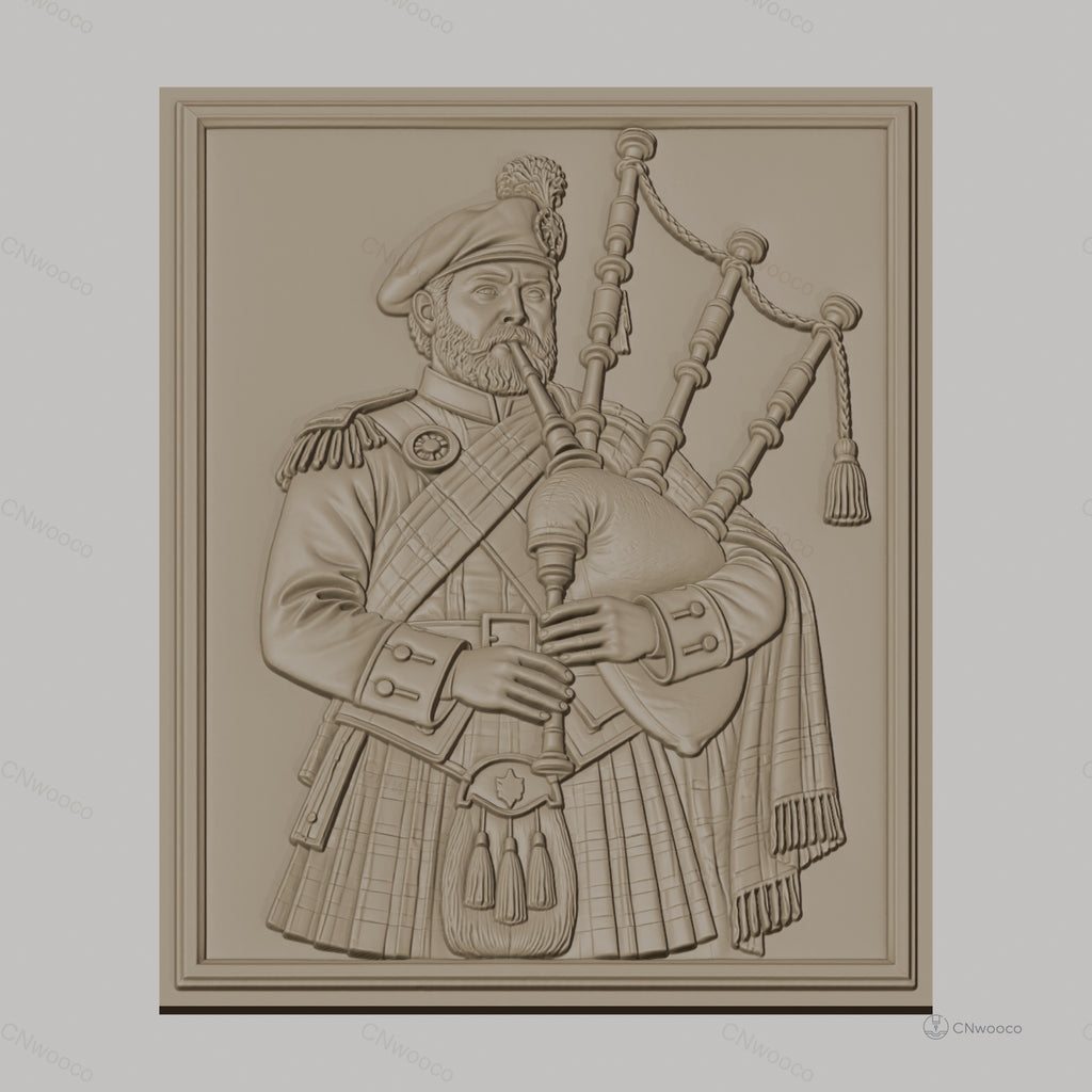 Fichier CNC & impression 3D joueur de cornemuse écossais, costume traditionnel, relief détaillé, haute qualité relief STL